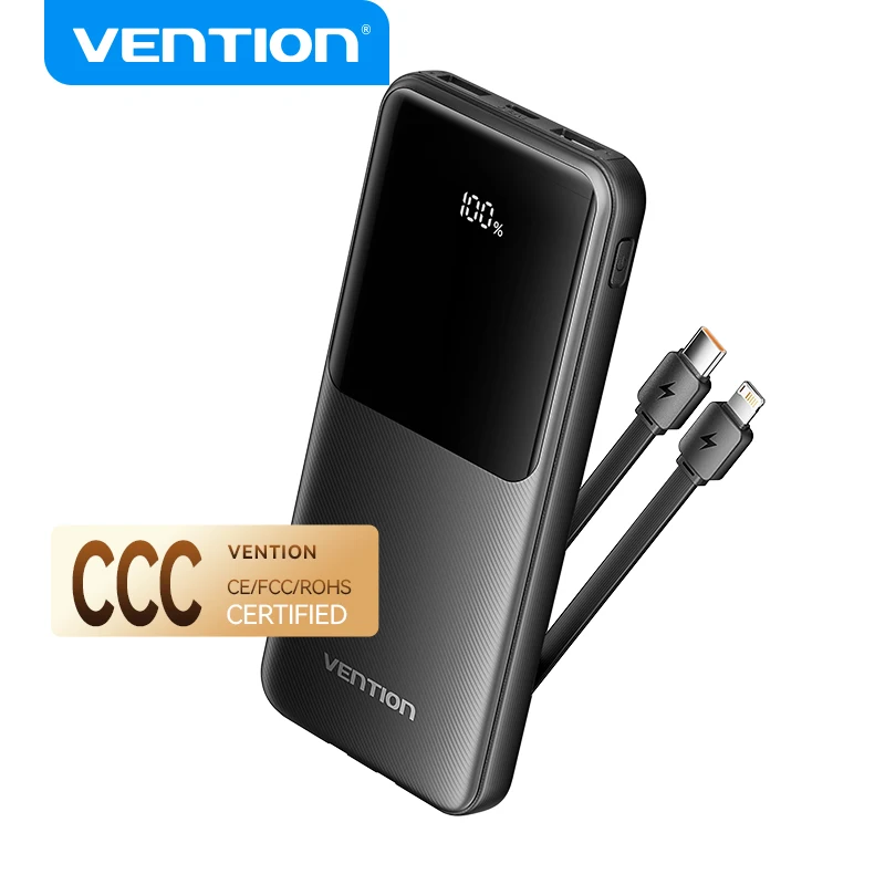 

Power Bank Vention CCC 22,5 Вт, 10000 мАч, встроенный кабель USB-C, портативное быстрое зарядное устройство для iPhone, запасной аккумулятор, сертифицированный 3C Powerbank