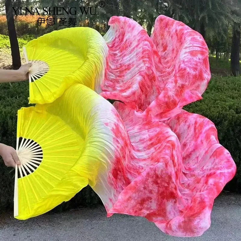 1Pair Belly dance silk fan Real Silk Long Silk Fans Handmade Gradient Color Dance Fans Can Be Customized Imitation Silk Prop