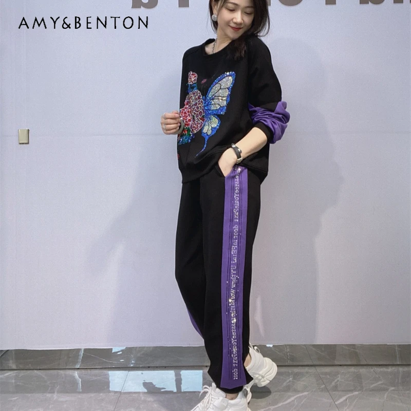

Butterfly Rhinestone O-Neck Long Sleeves Sweatshirt Sweatpants Set Ladies New Autumn Oversized Outdoor Sportswear Two-Piece Suit