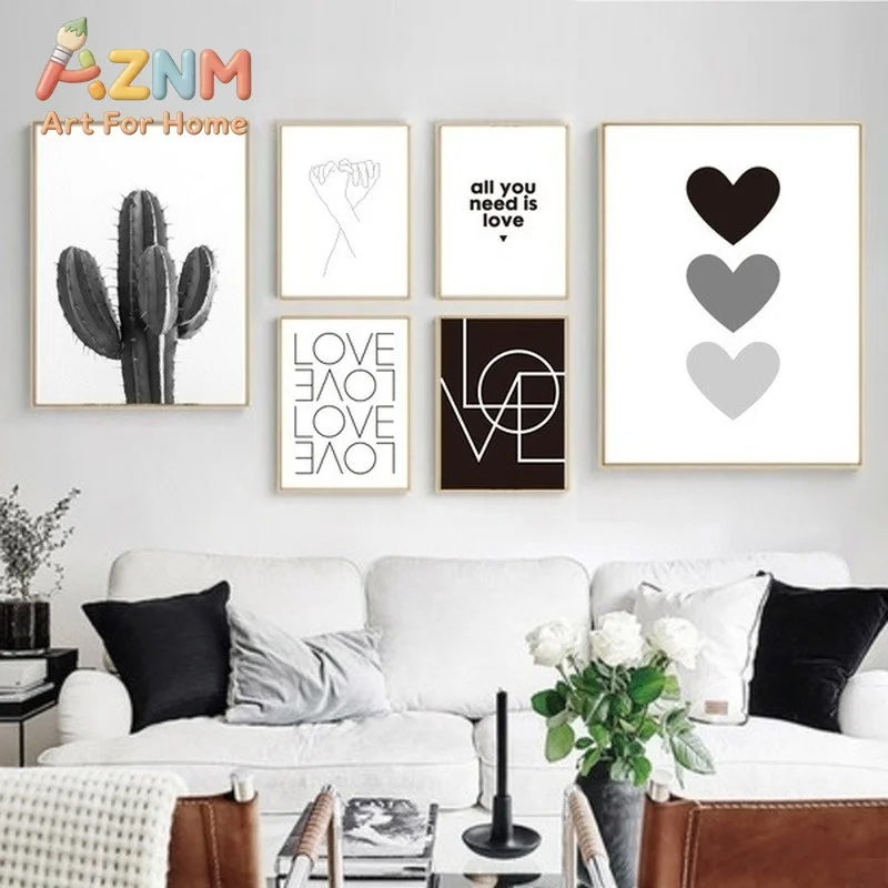 Canvas Painting Cactus  Love Hearts Black And White Wall Posters And Prints Minimalist Decor For Modern Nordic Decoration Hom