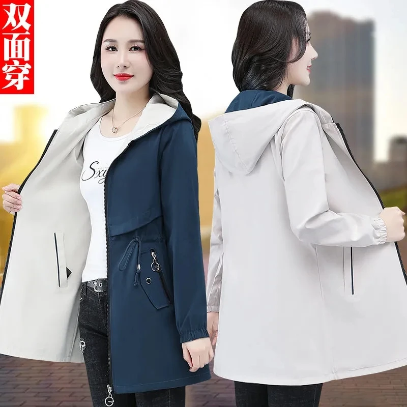 Double-Sided Hooded Trench Coat Women's Long Spring Autumn Women's Coat Top Female Windbreaker zipper Cardigan Lining Outwear