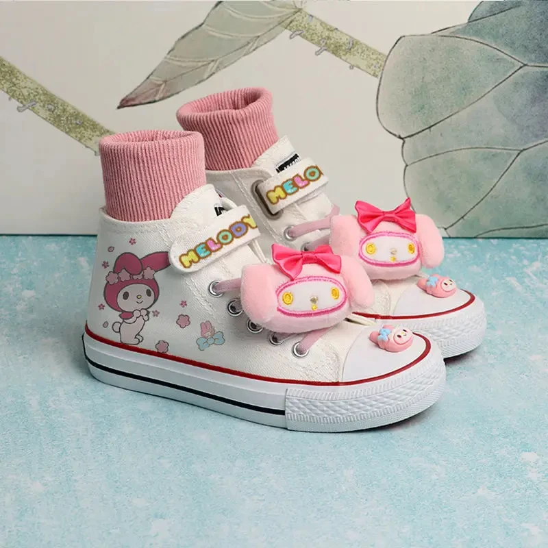 Kawaii Kids Canvas Shoes Kuromi Melody Pochacco High Top Anime Sanrios Cartoon Cute Girl Sport Shoes White Comfortable Sneakers