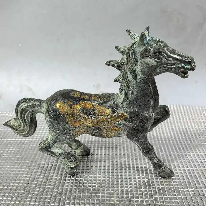 ornaments for home protection, antique patinaed , gilded dragon and phoenix symbolizing auspiciousness, bronze hors