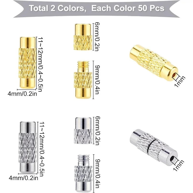 100 Sets 2 Colors Brass Screw Twist Clasps 12 x 4 mm Cord End Caps Column Barrel Screw Clasps Tube Fastener for DIY Jewelry