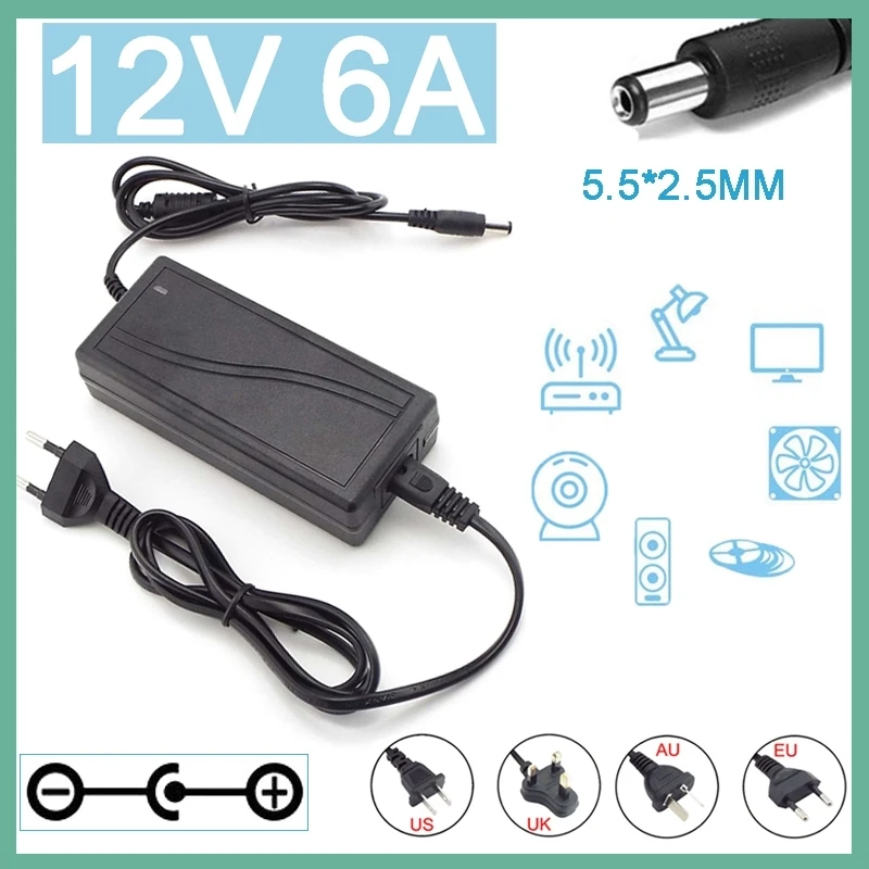 

12Volt 6000ma LED Light CCTV Camera Power Supply AC 110V 240V DC 12V 6A Adapter Converter Charger 5.5*2.5mm E3