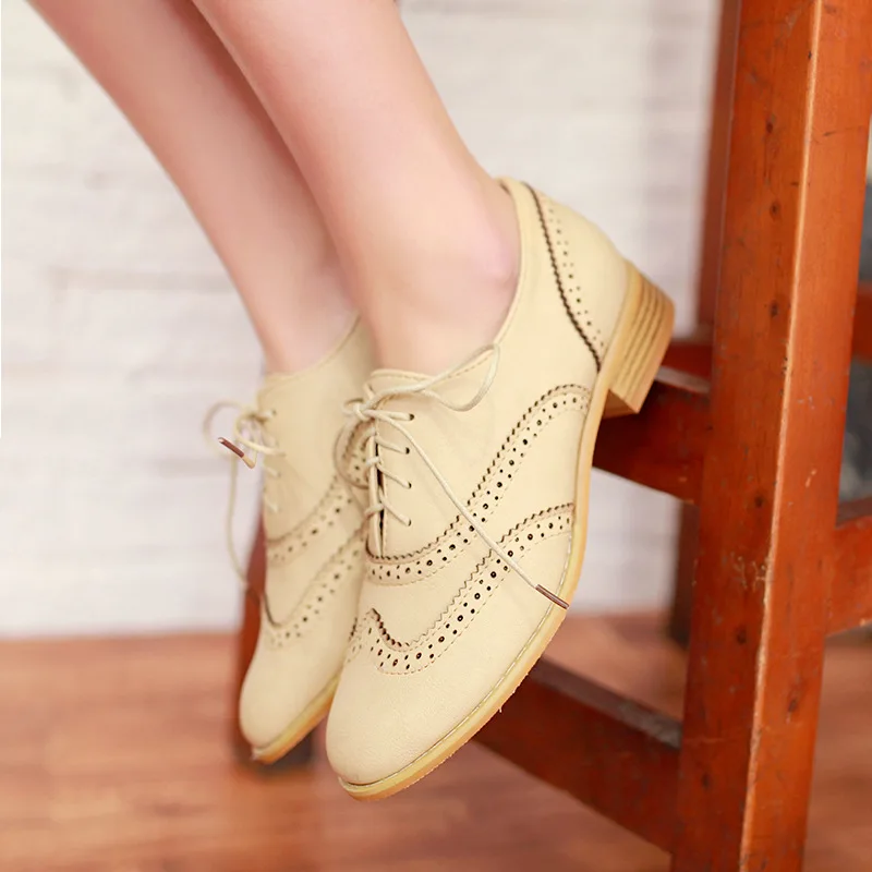 Round Toe Casual Woman Shoe Oxfords Female Footwear Leather Dress Rubber Solid Leisure Lace-Up Rome Flat PU Fabric Brogue