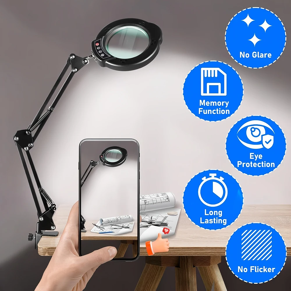 15-fache Vergrößerungslupe mit 84 LED-Lichtern, 5 Farbmodi dimmbar, 2-in-1 mit Standfuß und C-Klemmen, LED-Lupe, freihändig für Bastelarbeiten – Detail 3