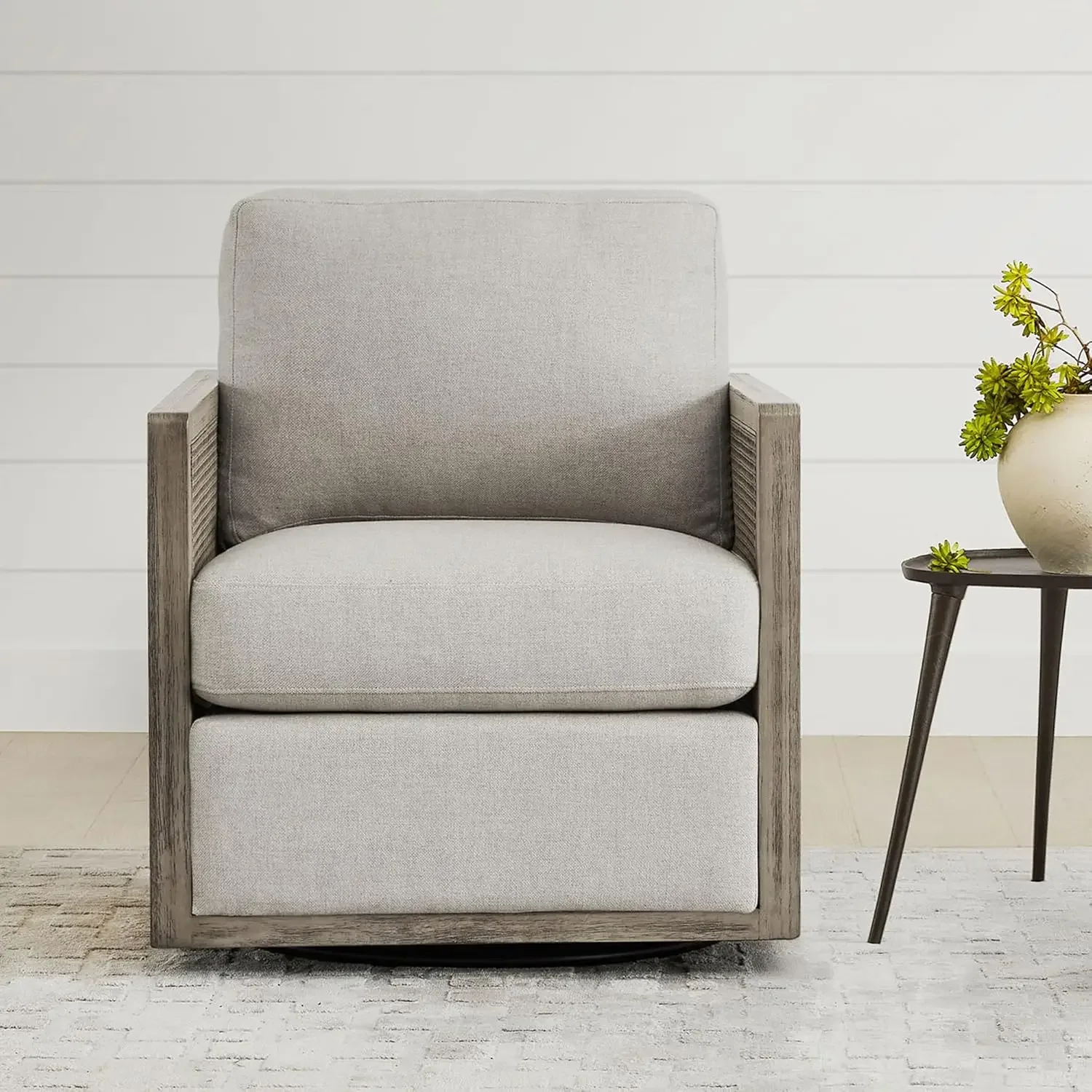 

Swivel Accent Chair, Rattan Arm Chair for Living Room and Bedroom, Light Grey Fabric with Grey Frame