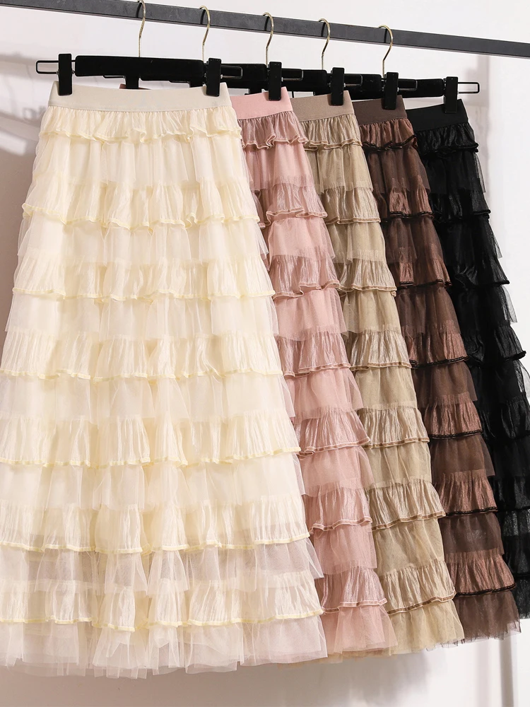 

New Mesh Tutu Cake Skirts Women Elegant Cascading Ruffles A Line Long Skirts Female Casual Elastic Waist Party Skirt Faldas Jupe