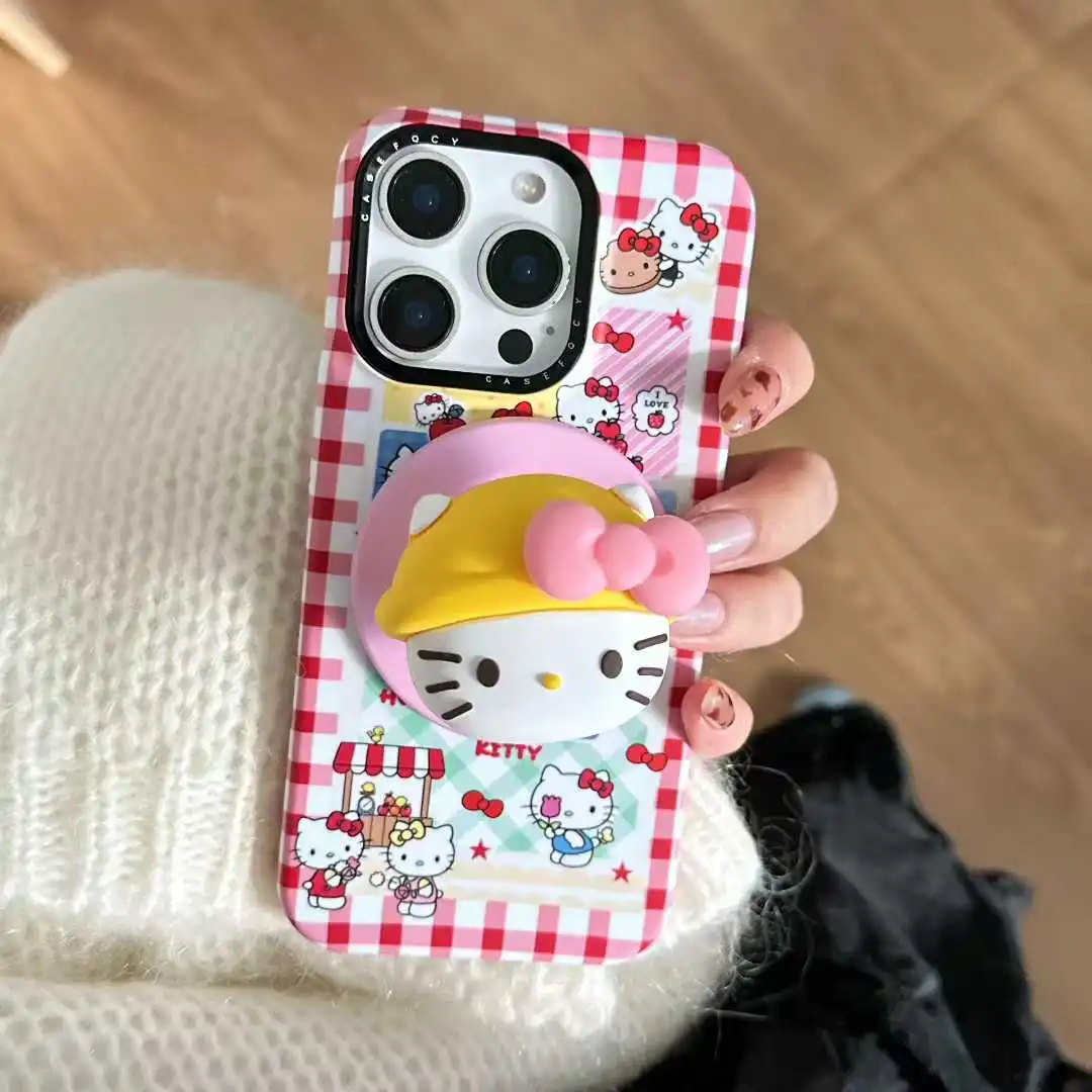 

Hello Kitty Red Plaid Pattern Cute Magnetic Grip Tok Phone Stand Holder Phone Case for IPhone 16 15 14 Pro Max Funny Cover﻿