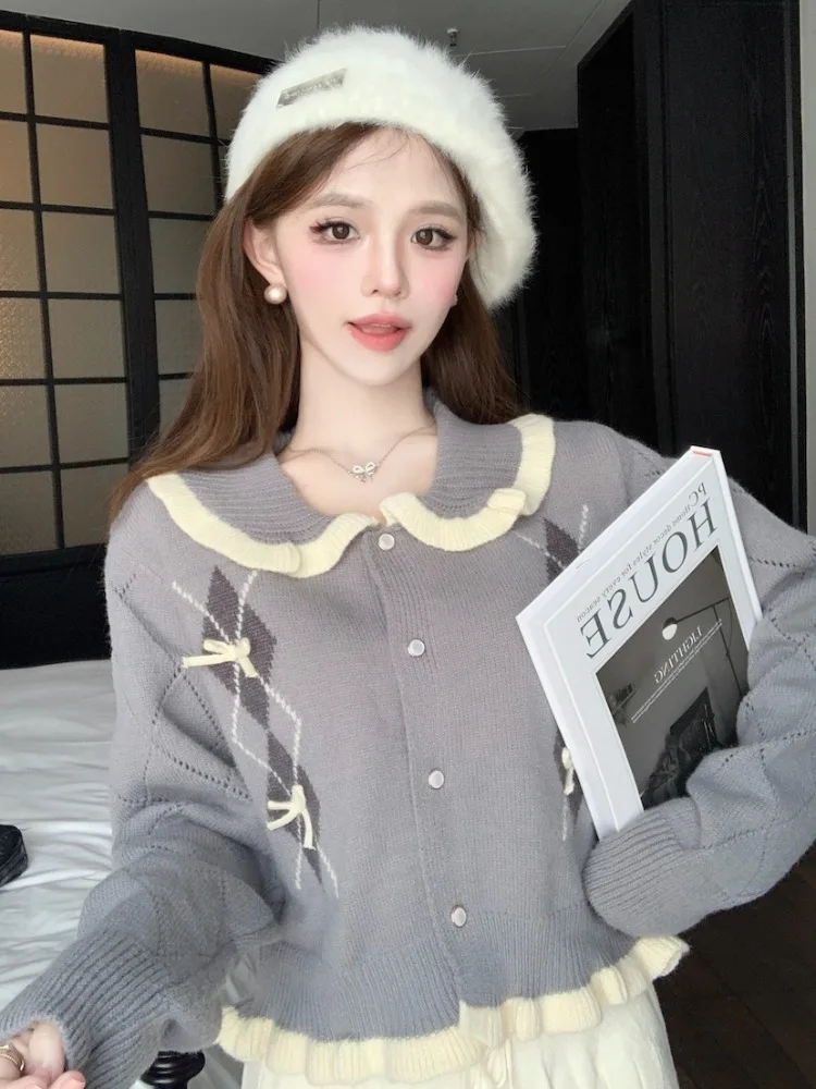 

Retro Style Short Doll Collar Sweater Coat Women's Fashion Long Sleeve Diamond Pattern Knitted Shirt Autumn Winter New Arrival