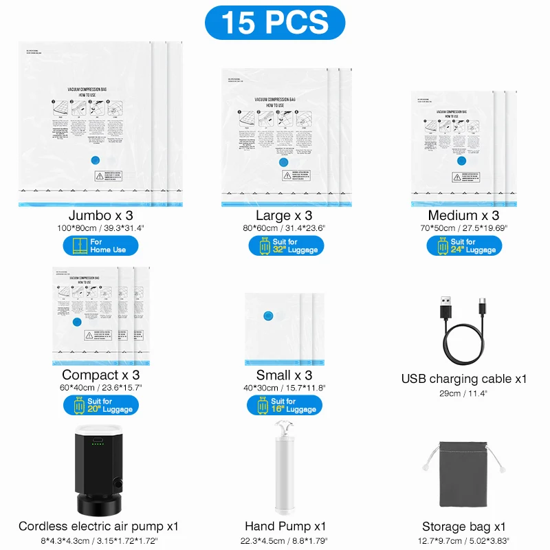 1-15 stuks universele vacuümopbergtas met draadloze elektrische pomp, oplaadbare draadloze pomp voor tassen, ruimtebesparende reisorganisator