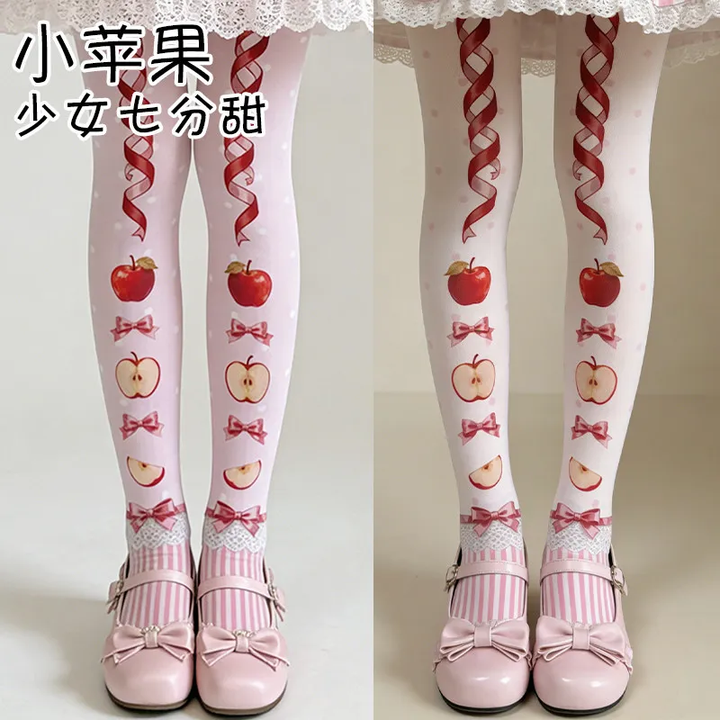 Japanese Original Sweet Little Apple Vitality Soft Cute Lolita Print Socks Velvet Pantyhose Women