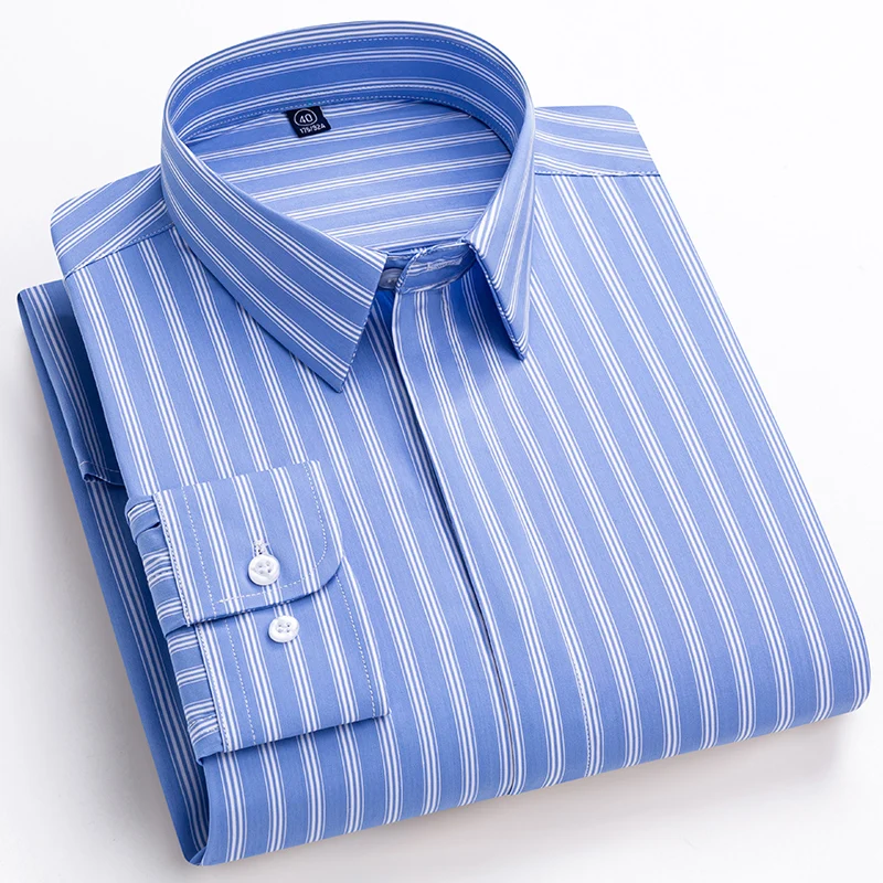 New Quality Concealed Button Men Shirt Long Sleeves Dress Shirts For Men Slim Fit Camisa Social Business Blouse Stripe Shirt 4XL