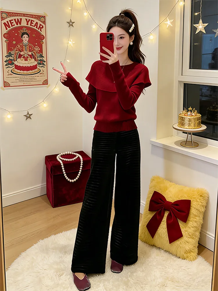 

Red Knitted Sweater And Casual Pants Set Women's Spring Autumn New Sle Two-Piece Suit with awl Fake Two-Piece Faionable