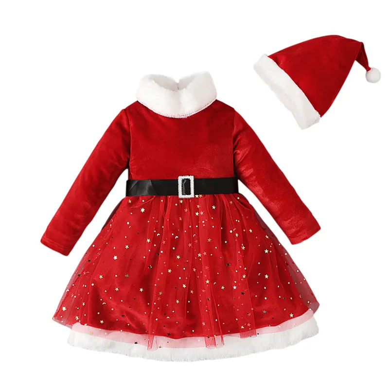 

2-6Y Winter Kid Girl Dresses Christmas Dress+Hat+Belt 3Pcs/Set Star Sequin Mesh Dress Up Baby Girl Clothes Children Outfit A665