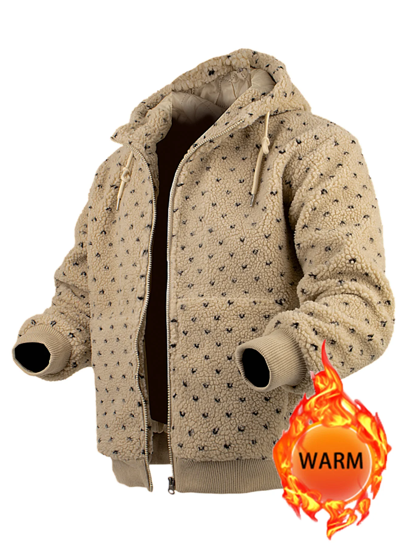 

Men's Hooded Fleece Zipper Jacket Thickened Warm Autumn & Winter Outerwear with Pockets Black Polka Dot Casual Loose Trendy Coat