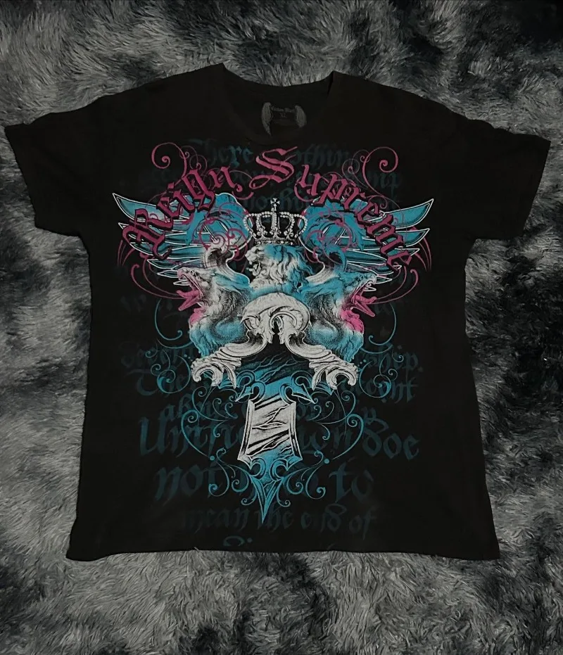 Y2K Pink Blue Holographic Lion Wings T Shirt Vaporwave Distressed High Street Oversize Plus Size Summer Unisex Couple Tops