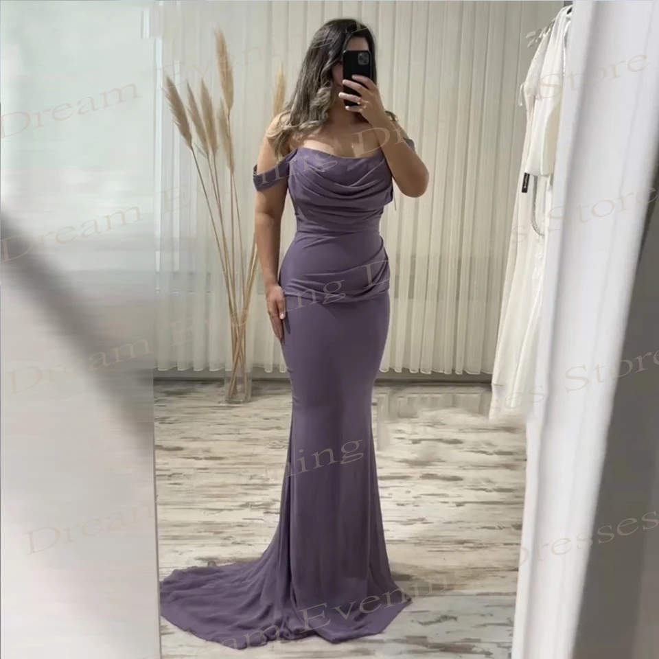 Elegant Purple Women's Mermaid Simple Evening Dresses Charming Off The Shoulder Chiffon Prom Gowns Pleated فساتين حفلة موسيقية