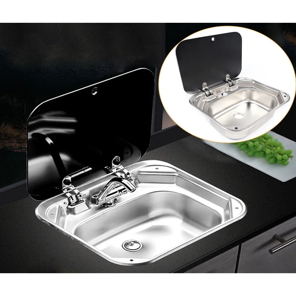 RV Caravan Trailer Sink Hand Wash Basin With Lid + Faucet Durable Camper Boat Stainless Steel Hand Wash Basin Kitchen Sink