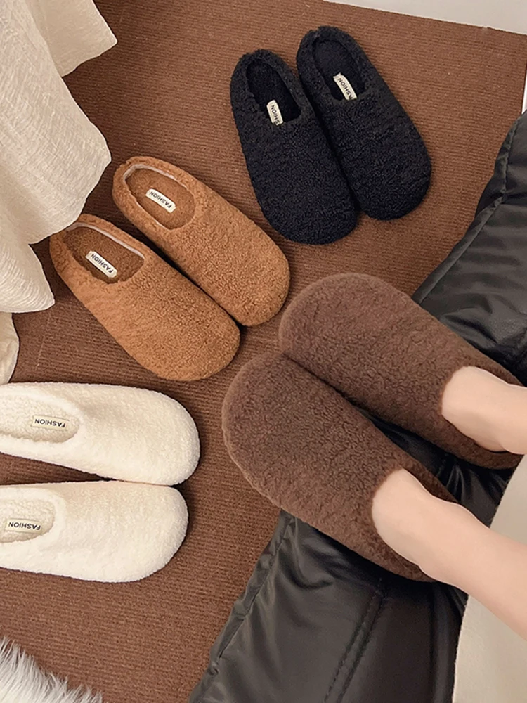 Autumn Winter New Lamb Wool Women Shoes Korean Style Solid Color Versatile Warm Flats 2025 Fashionable Casual Half Slippers