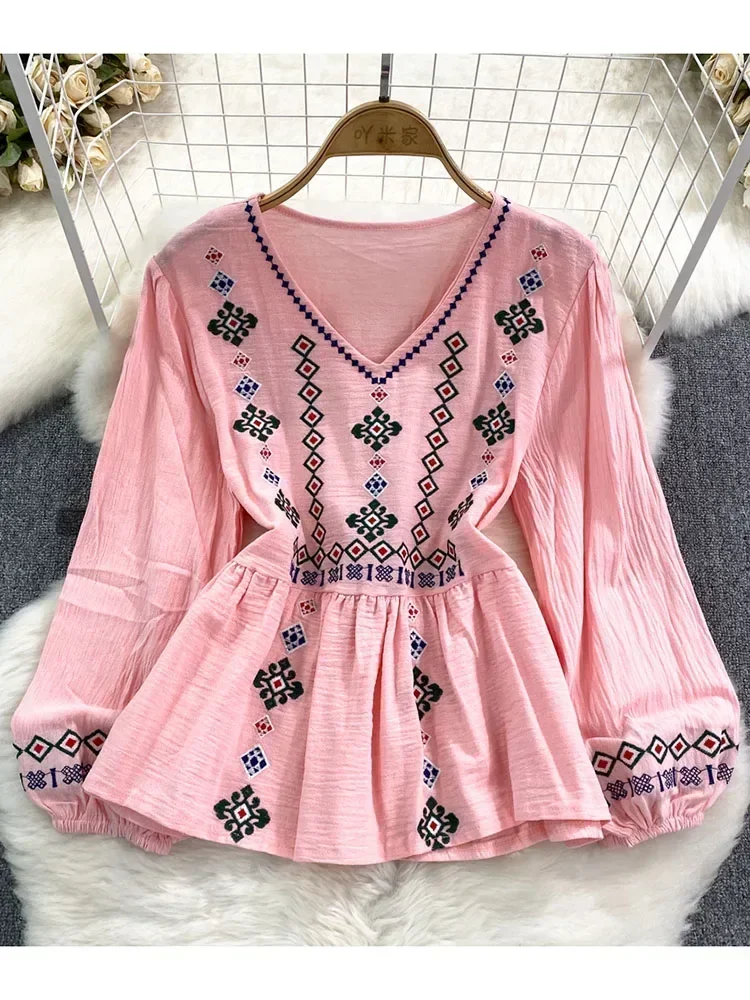 Women Spring Autumn Blouse Vintage Ethnic Style Embroidery V-neck Pullover Loose Waistband Cotton Linen Shirt Casual Top D4924