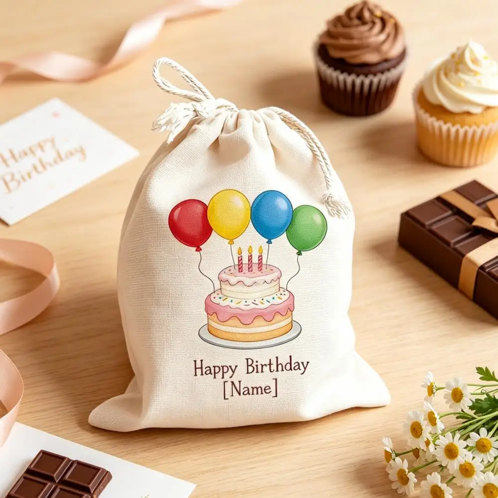 1Pc Custom Name/Text Imitation Hemp Drawstring Birthday Party Gift Bag,Cake Pattern Drawstring Closure Storage Bags,Party Supply
