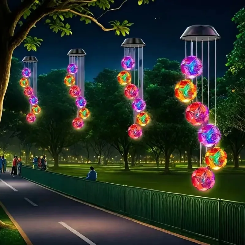 1pc Solar Powered Color Changing Pink Embroidered Ball Flower Wind Chime Light Waterproof Outdoor Night Light Hanging Solar Lamp