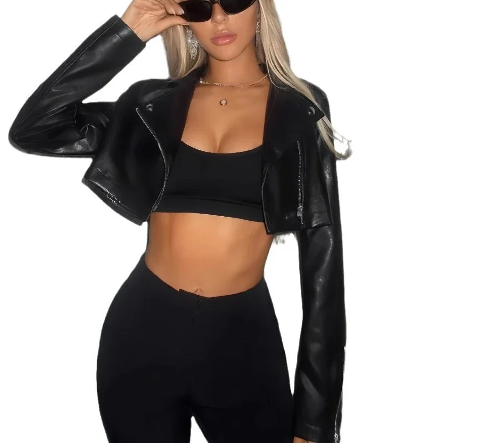 ソリッドカラーの襟ボンバージャケット、スリムフィット、オートバイスタイルの半袖レザーコートレディースジャケットレディースジャケット