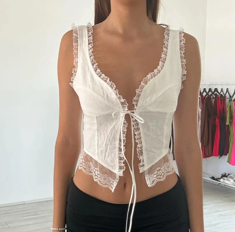 

Women Lace Trim Tank Tops Front Tie-Up Sleeveless Exposed Navel Vests Summer Slim Fit Crop Tops Streetwear