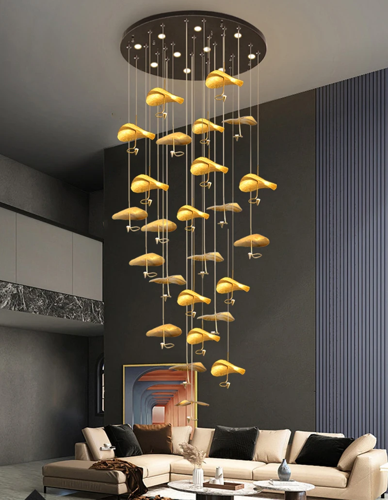 

New Multiple Heads Copper Gold Lotus Staircase Led Chandelier for Villa Stair Lighting Fixtures Home Indoor Hanging Lamp