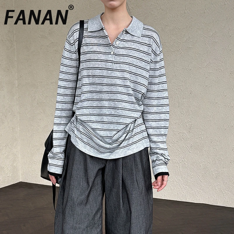 

FANAN Fashion Striped Contrast Knitting Pullover Sweater For Women Lapel Long Sleeve Casual Loose Tops Female 2025 Autumn New