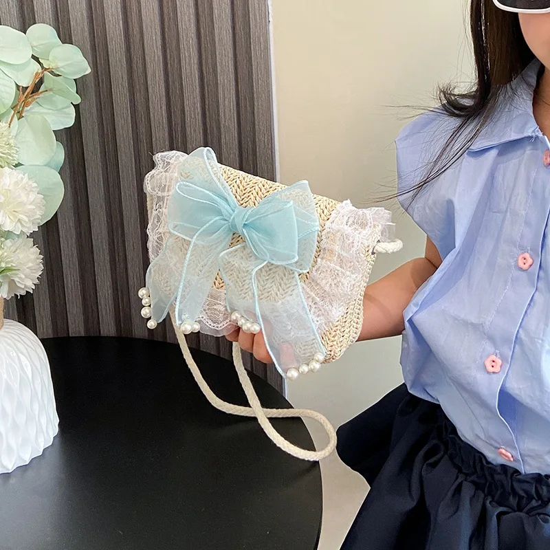 Children Crossbody Bag Girls Bag Summer Straw Weaving Bowknot New Kid Clothing Matching Bag Coin Purses Casual Travel All-match