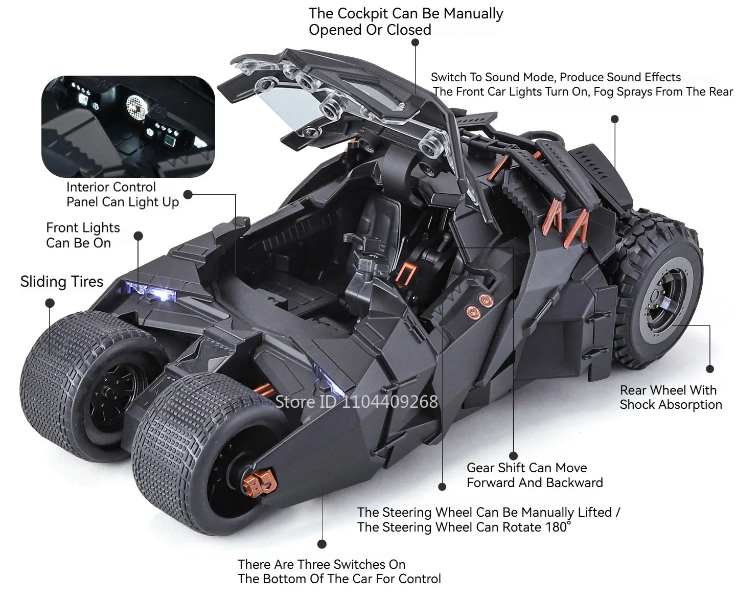 1:24 Batmobil Bolide Auto Modell Spielzeug Türen Geöffnet Stoßdämpfung Spray Sportwagen Modelle Sound Licht Spielzeug Geschenke für Jungen – Detail 13