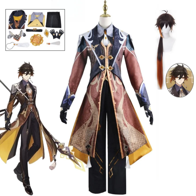 Game Genshin Impact Zhongli Cosplay Costume Full Wig Uniform Clock Li Clothing Anime Show Halloween Party Clothing