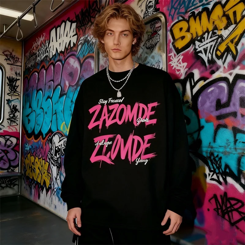 

ZAZOMDE Мужская футболка с длинным рукавом в американском стиле хип-хоп с английским принтом из плотного хлопка, противоусадочная, Y2K, эстетичная, модная в стиле ретро