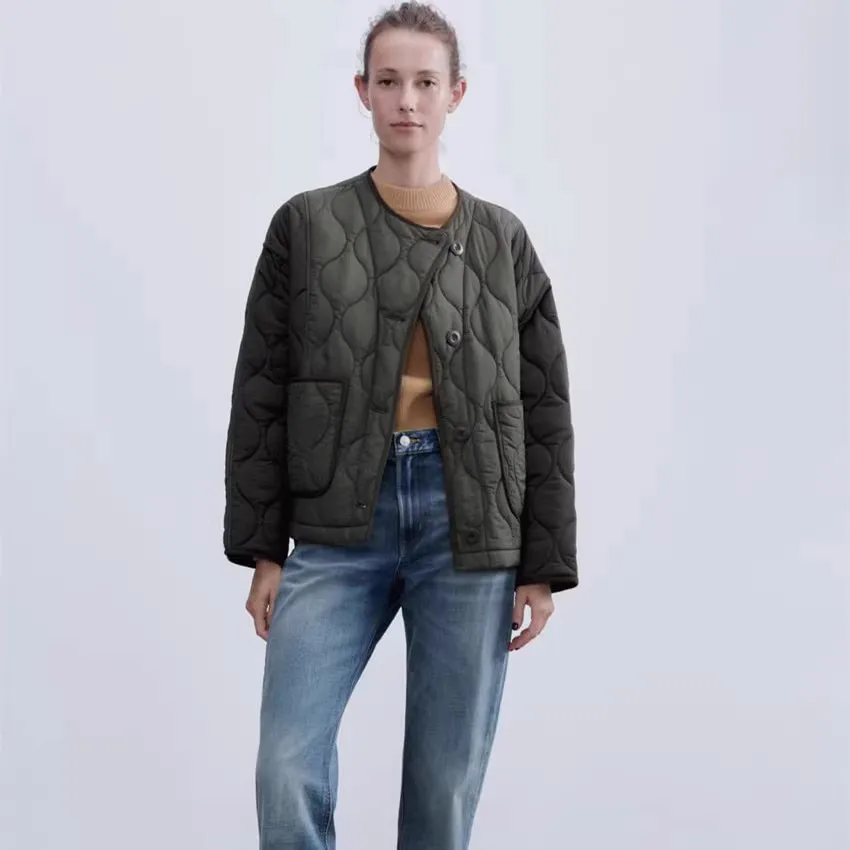 

Autumn New Arrival Women's Lightweight Patchwork round Ne Cotton Jaet Coat Loose Fit Long Sve Street Sle TR Brand