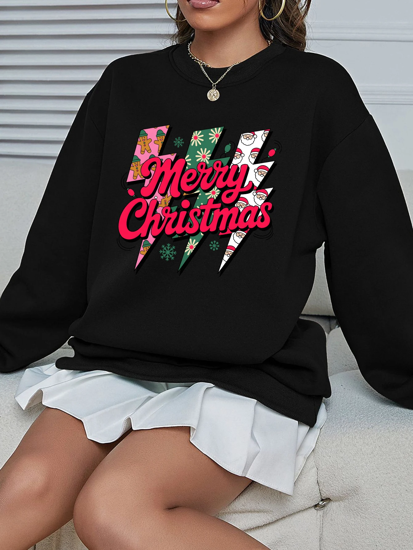 Women's Crewneck Sweatshirt with Lightning Pattern – Fleece-Lined for Warmth; Suitable for Christmas, Halloween