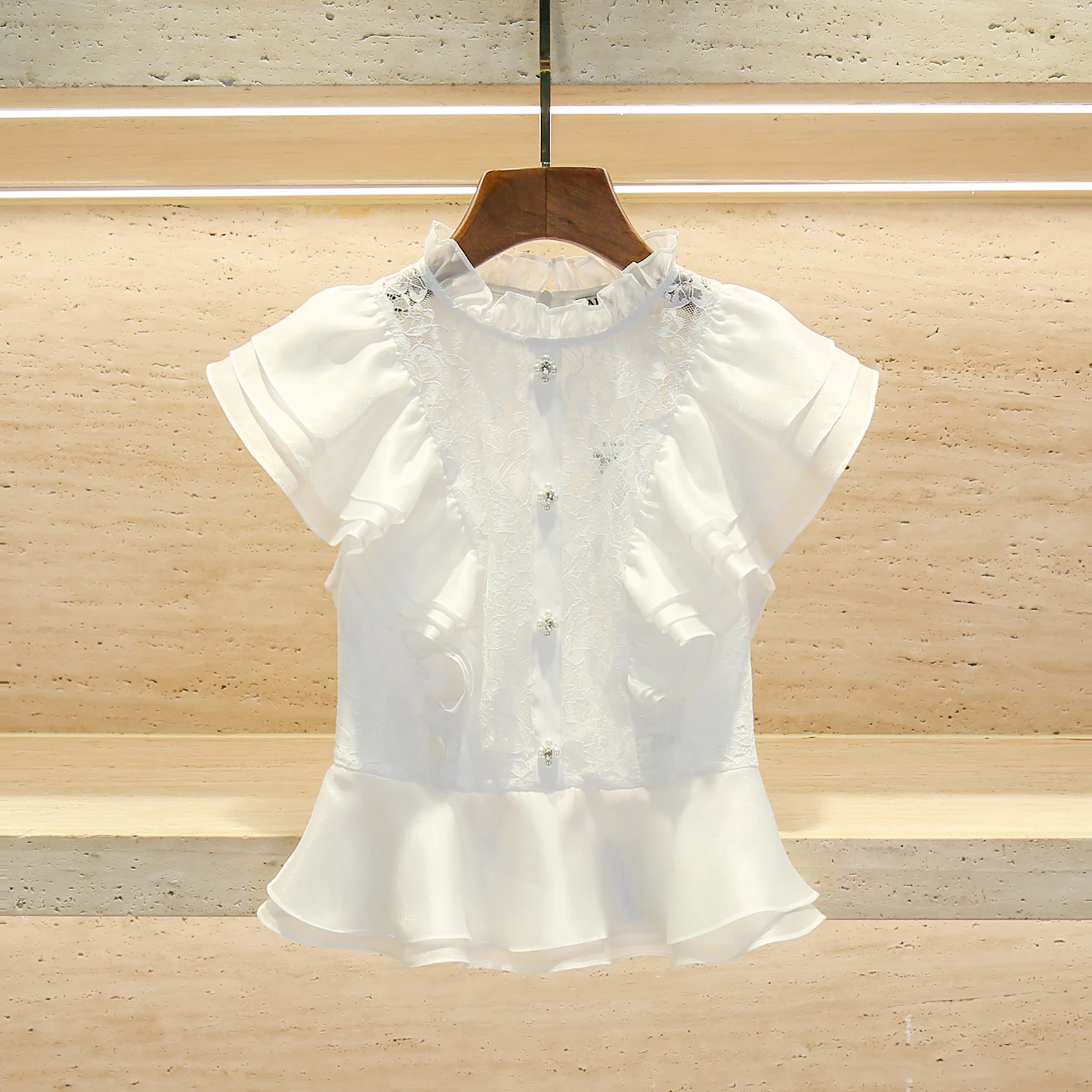 

Ele French Sle Women's irt Stand Collar Puff Sve Waist Cinched Lace Trim Blouse ort Length Color Summer Fa...