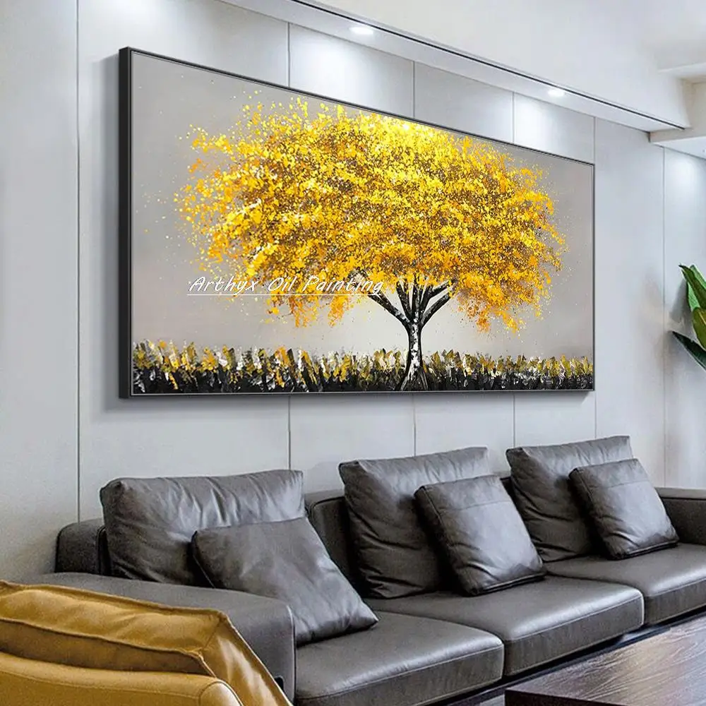 Arthyx Hand Painted Money Tree Oil Painting On Canvas Modern Abstract Landscape Wall Art Picture For Living Room Home Decoration