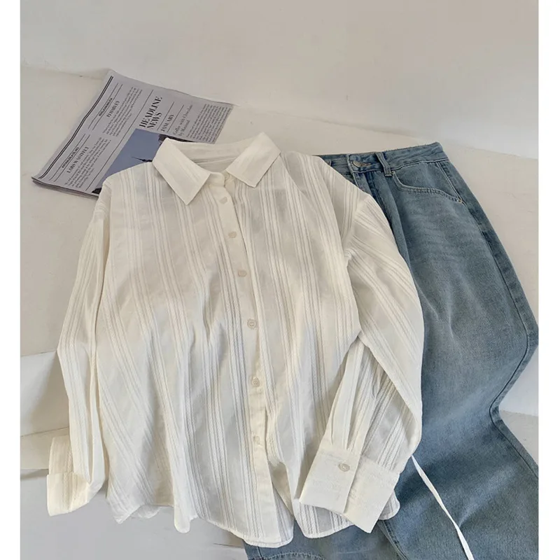 

Vertical Striped Jacquard Lace-up Shirts Spring Women Pure Cotton Long Sleeve Blouse Tops