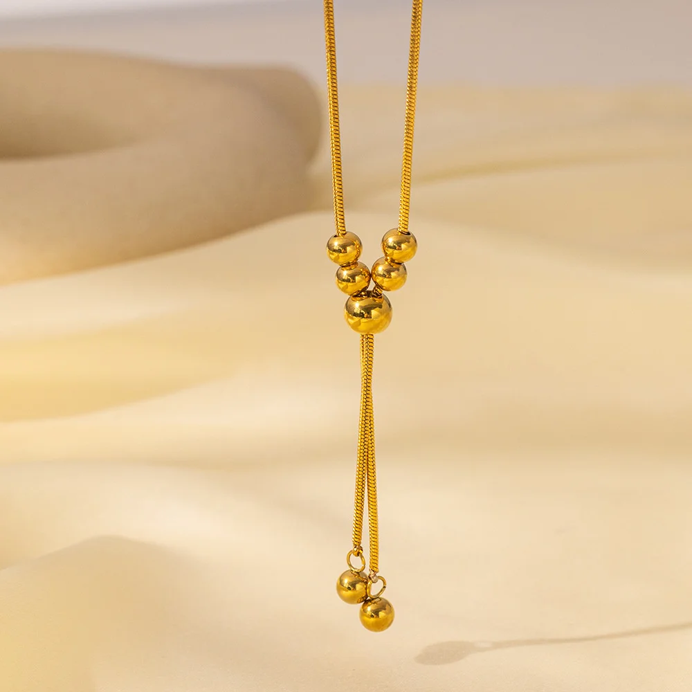 Edelstahl-Halskette mit ausziehbaren runden Perlen und hochwertiger Quaste, verstellbare lange Pulloverkette, Nischen-Accessoire mit Eleganz, Geschenk – Detail 6