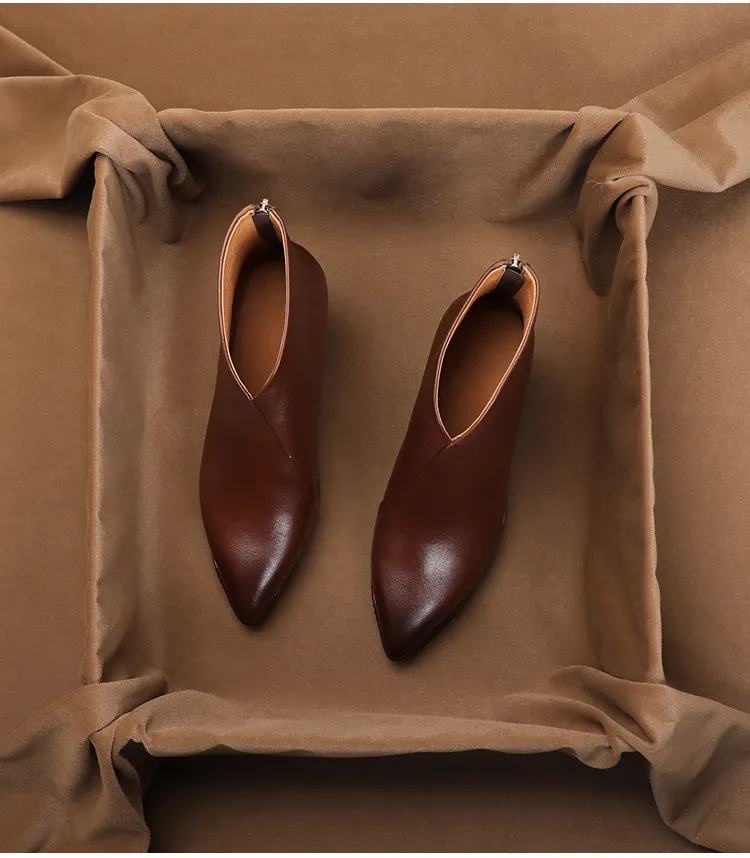 

Винтажные элегантные женские ботильоны SHOEBOX с острым носком и массивным каблуком из натуральной кожи – модные, на молнии сзади, для весны/осени