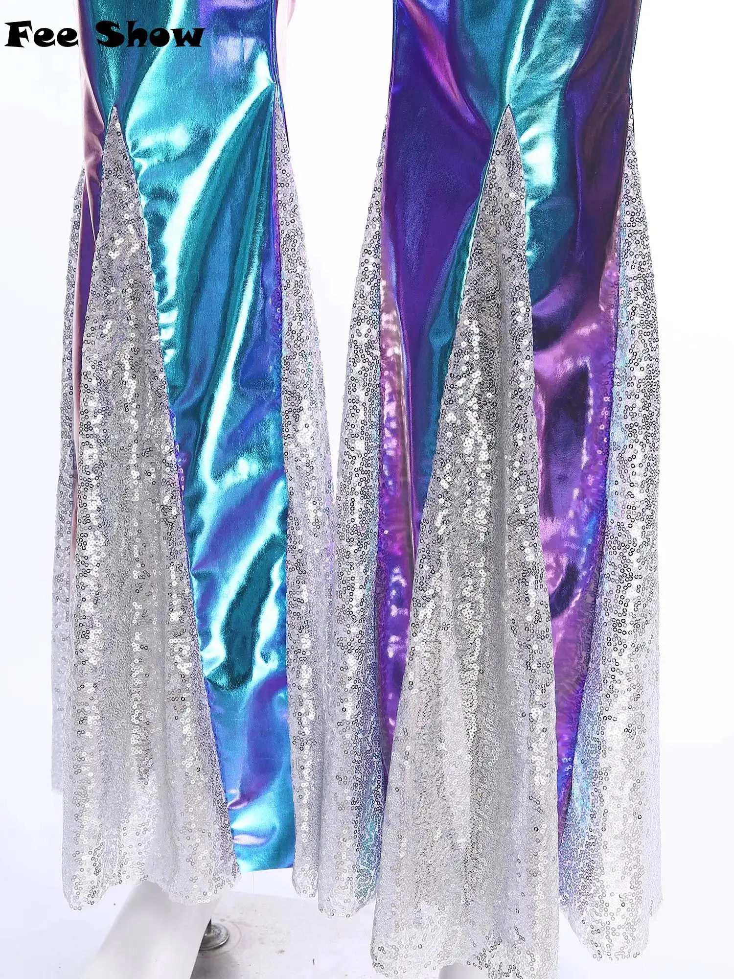 Mens Shiny Metallic 70s Disco Pants Hippie Vintage Costume Dance Party Sequins Bell Bottoms Stage Performance Flared Pants