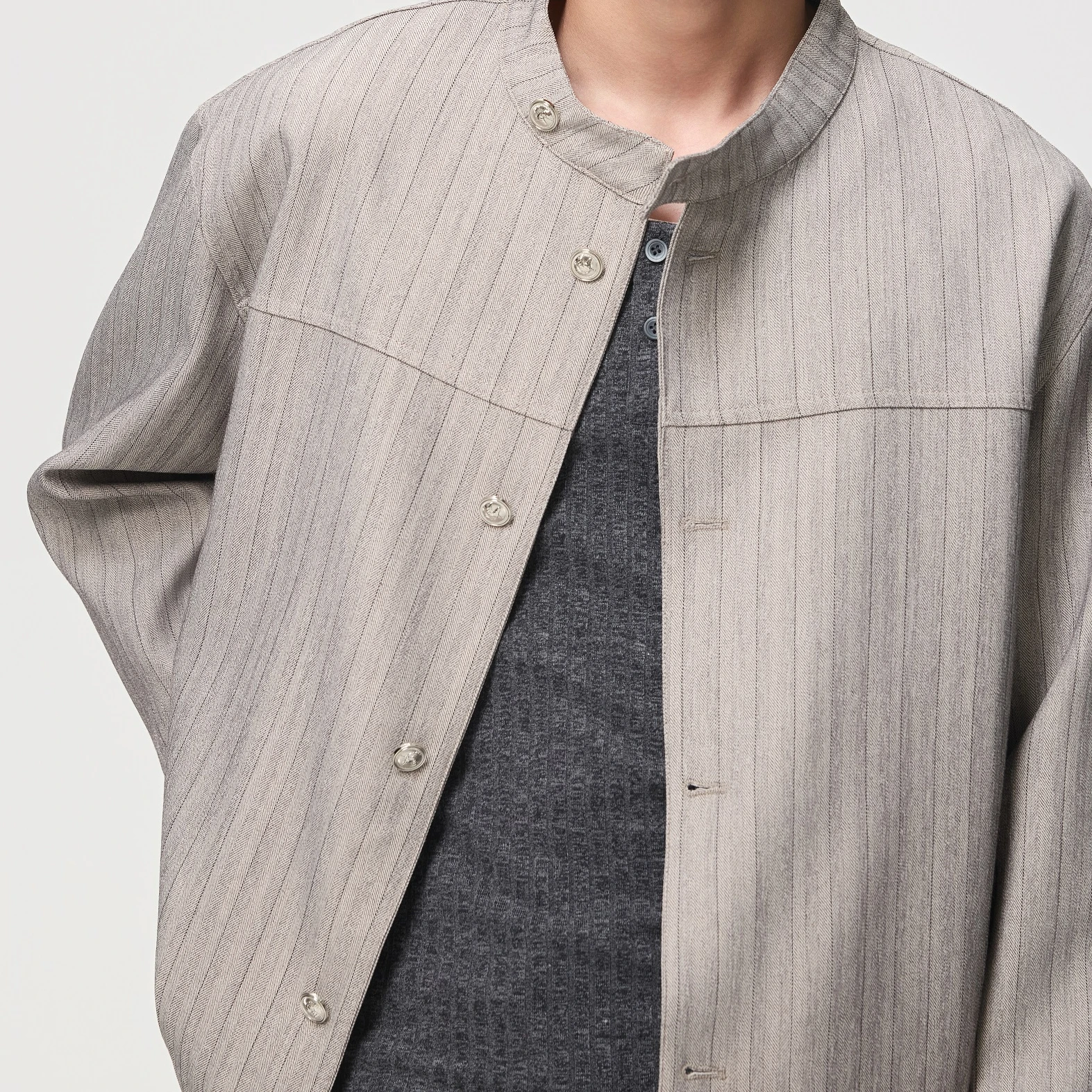 Vintage Fashion Stand Collar Stripe Tooling Coat Men Loose Daily Casual Short Cargo Jacket Spring Autumn Commute Coat Tops