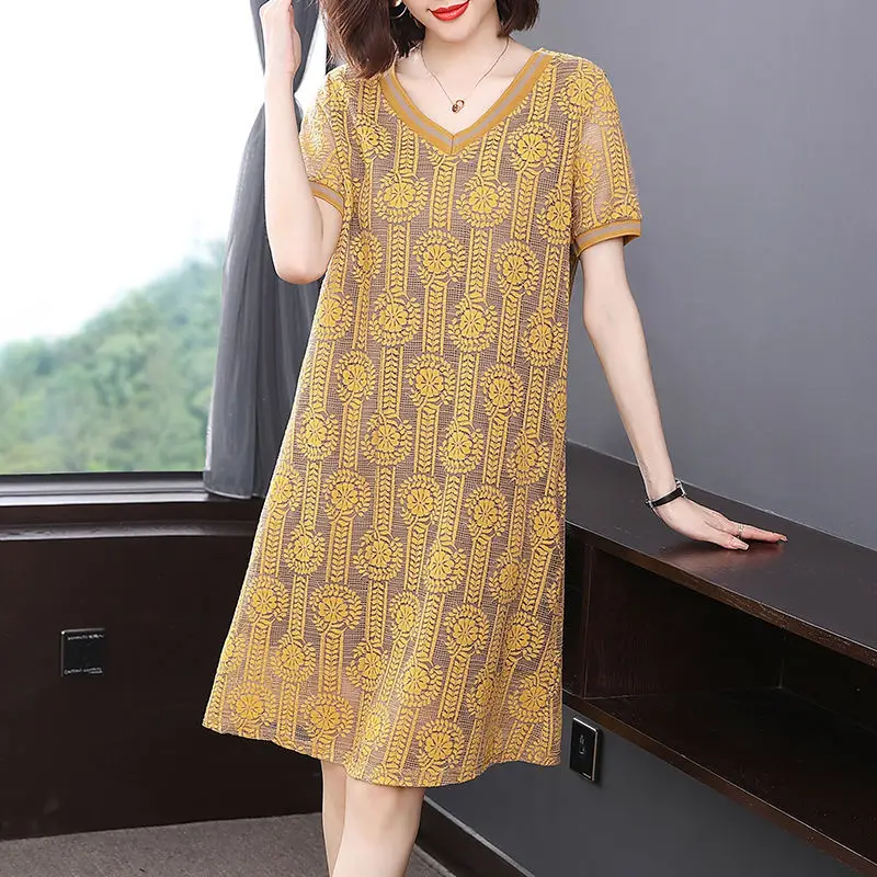 

Summer Clothes Prairie Chic V-Neck Geometric Hollow Out Patchwork Lace Short Sleeve Loose Mid Length Version Dress for Women