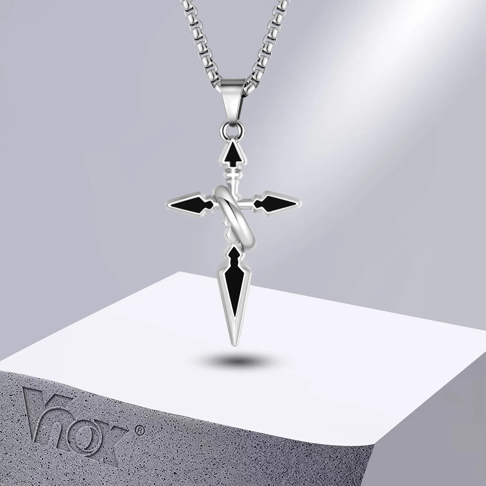 Vnox Arrow Shaped Cross Necklaces for Men Women, Cross with Circle Pendant, Stylish Christian Prayer Collar Jewelry