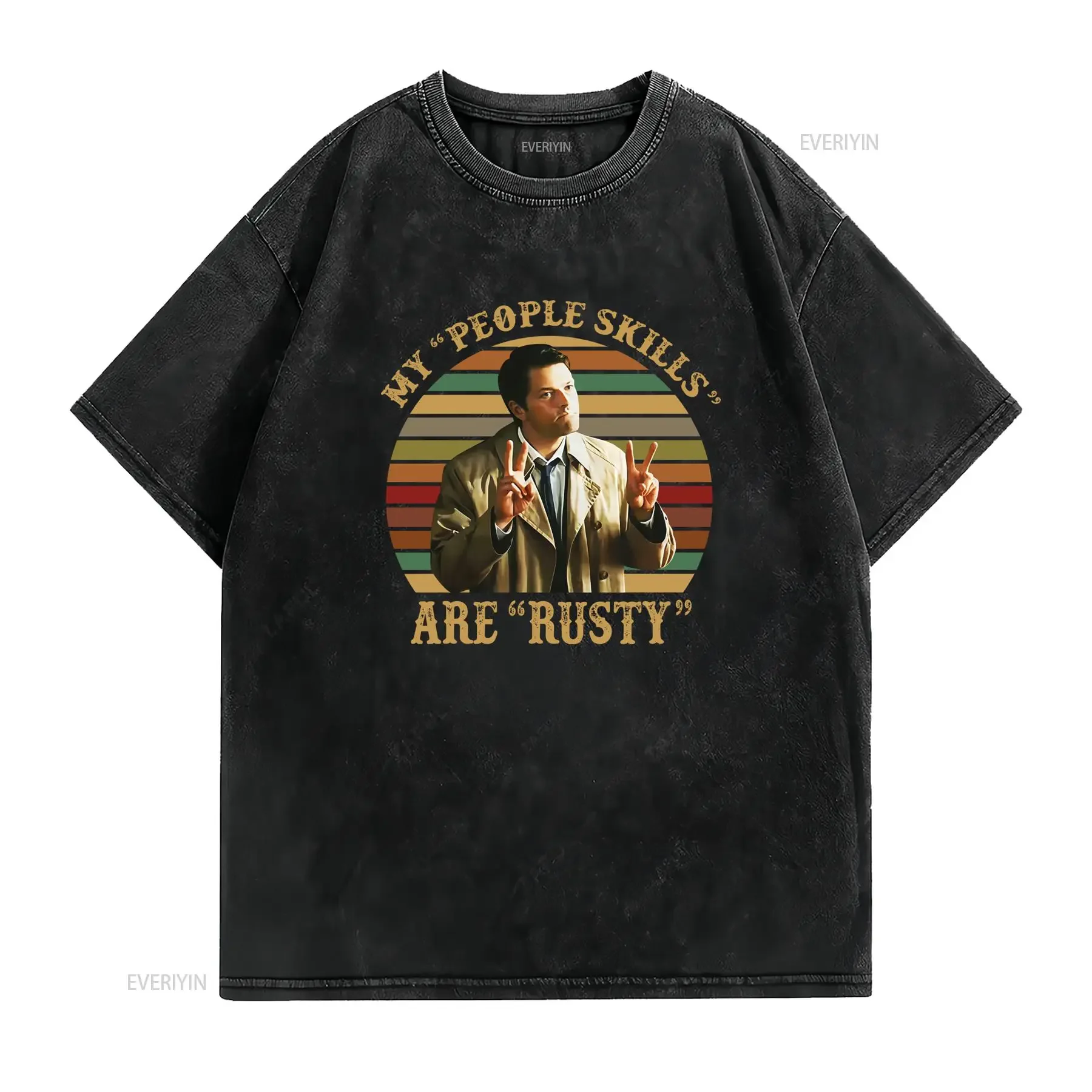 Castiel Supernatural TV Show T Shirt My People Skills Are Rusty Retro Vintage Casual with Iconic Character Print Round Neck