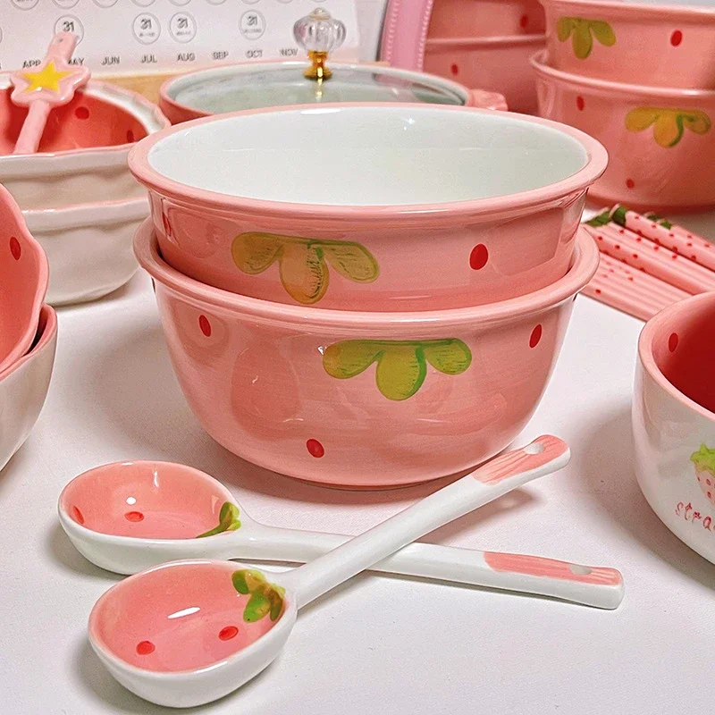 6.25-inch Strawberry Ramen Bowl Japanese Cute Noodle Bowl Salad Bowl Kitchen Tableware Microwave Safe Fruit Ceramic Plate