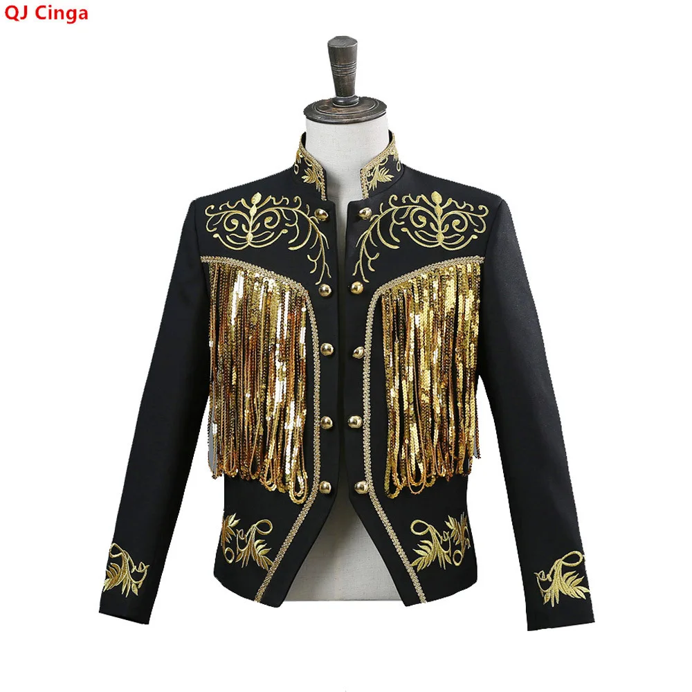 Luxury Men's Long-sleeve Stand-up Collar Jacket with Sequin Embellishments—perfect for Nightclubs, Bars, DJs,Stage Performances.